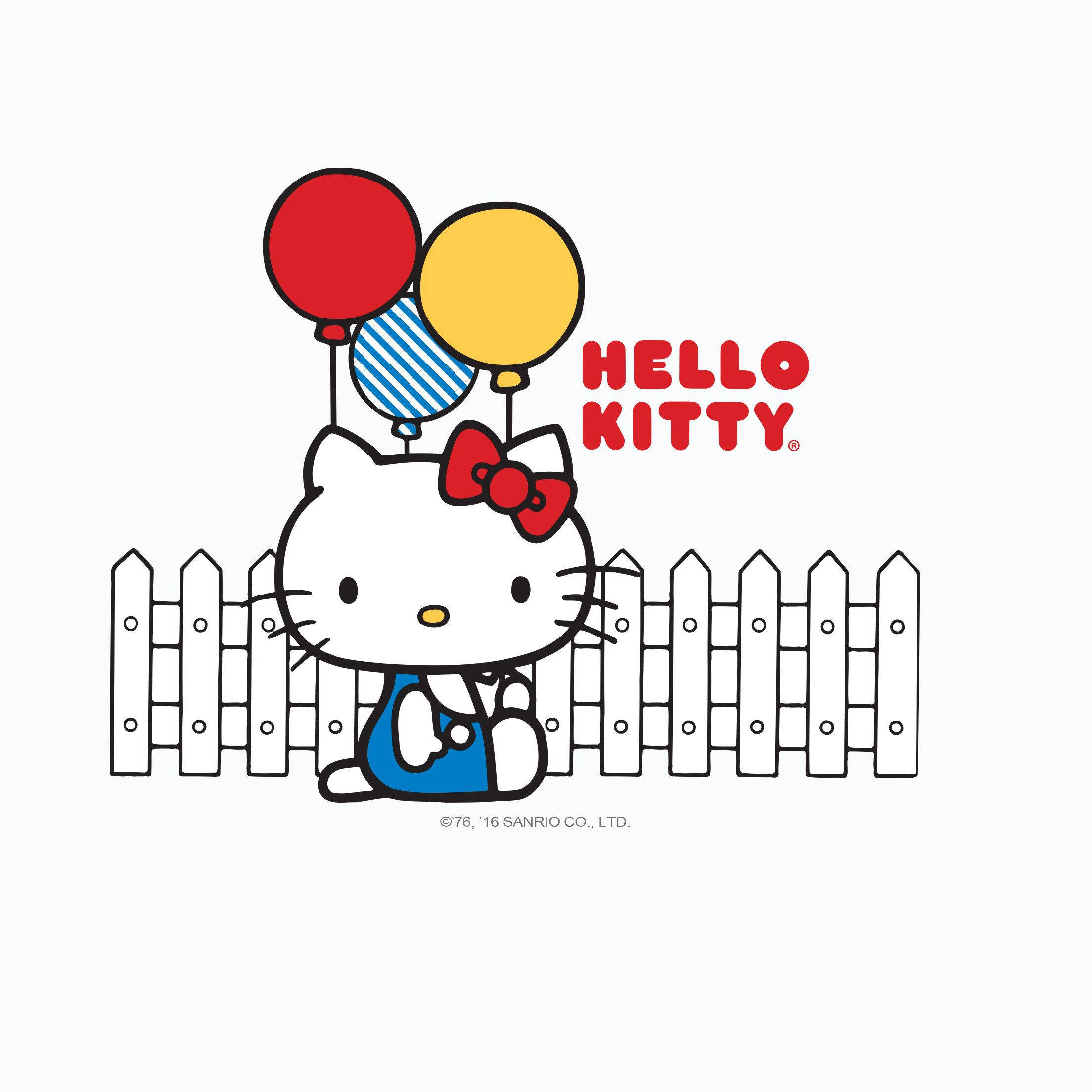 sanrio 桌布 壁紙 — Hello Kitty 身穿藍色工裝褲，在白色柵欄後面拿著紅色、黃色和條紋氣球。