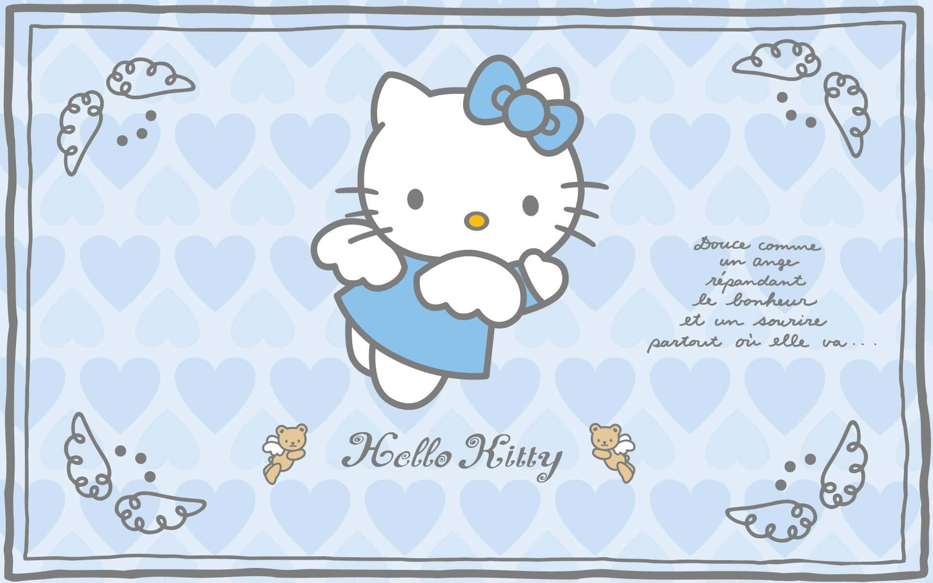 Hello Kitty Thanksgiving 桌布 壁紙 — Hello Kitty 身穿藍色連衣裙，帶有天使翅膀，漂浮在淺藍色心形圖案背景之上。