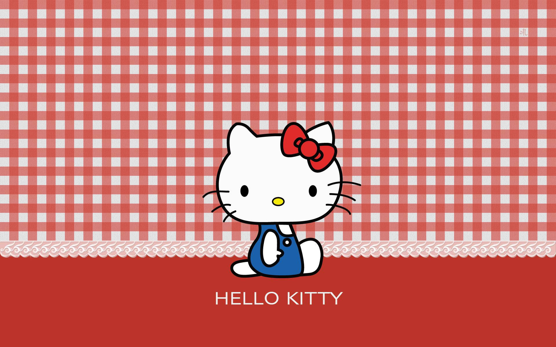 sanrio 桌布 壁紙 — Hello Kitty 身穿藍色連衣裙，靜靜地坐在紅白格子背景前，帶有蕾絲邊。