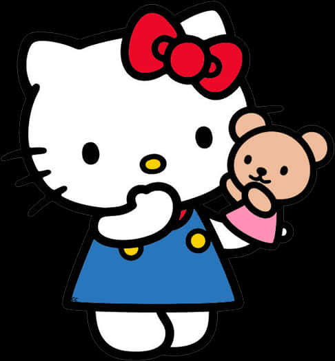 Hello Kitty 桌布 壁紙 — Hello Kitty 身穿藍色連衣裙，戴著紅色蝴蝶結，在黑色背景前抱著一隻泰迪熊。