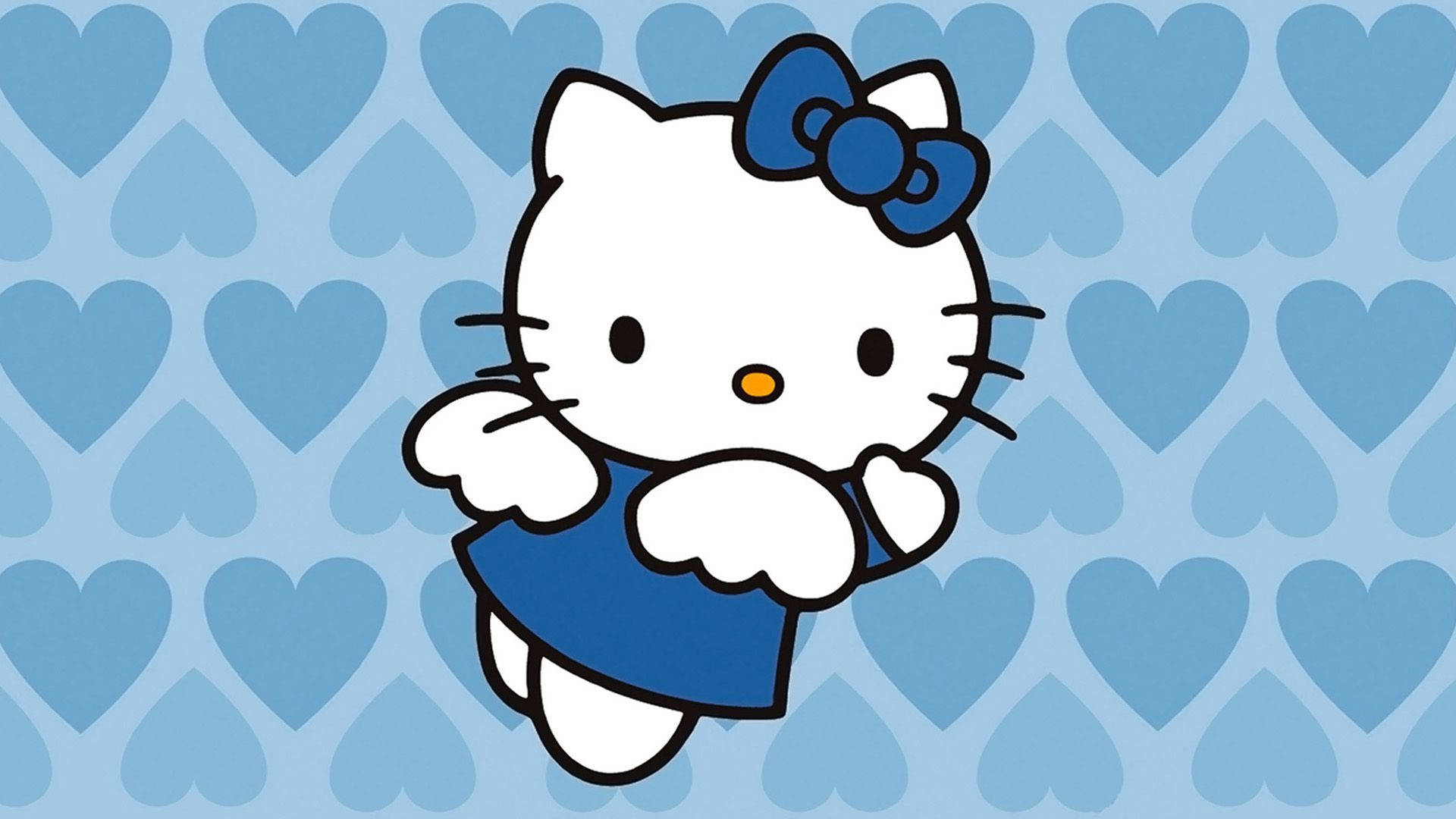 Hello 桌布 壁紙 — Hello Kitty 身穿藍色連衣裙和蝴蝶結，在藍色心形圖案背景上愉快地漂浮。