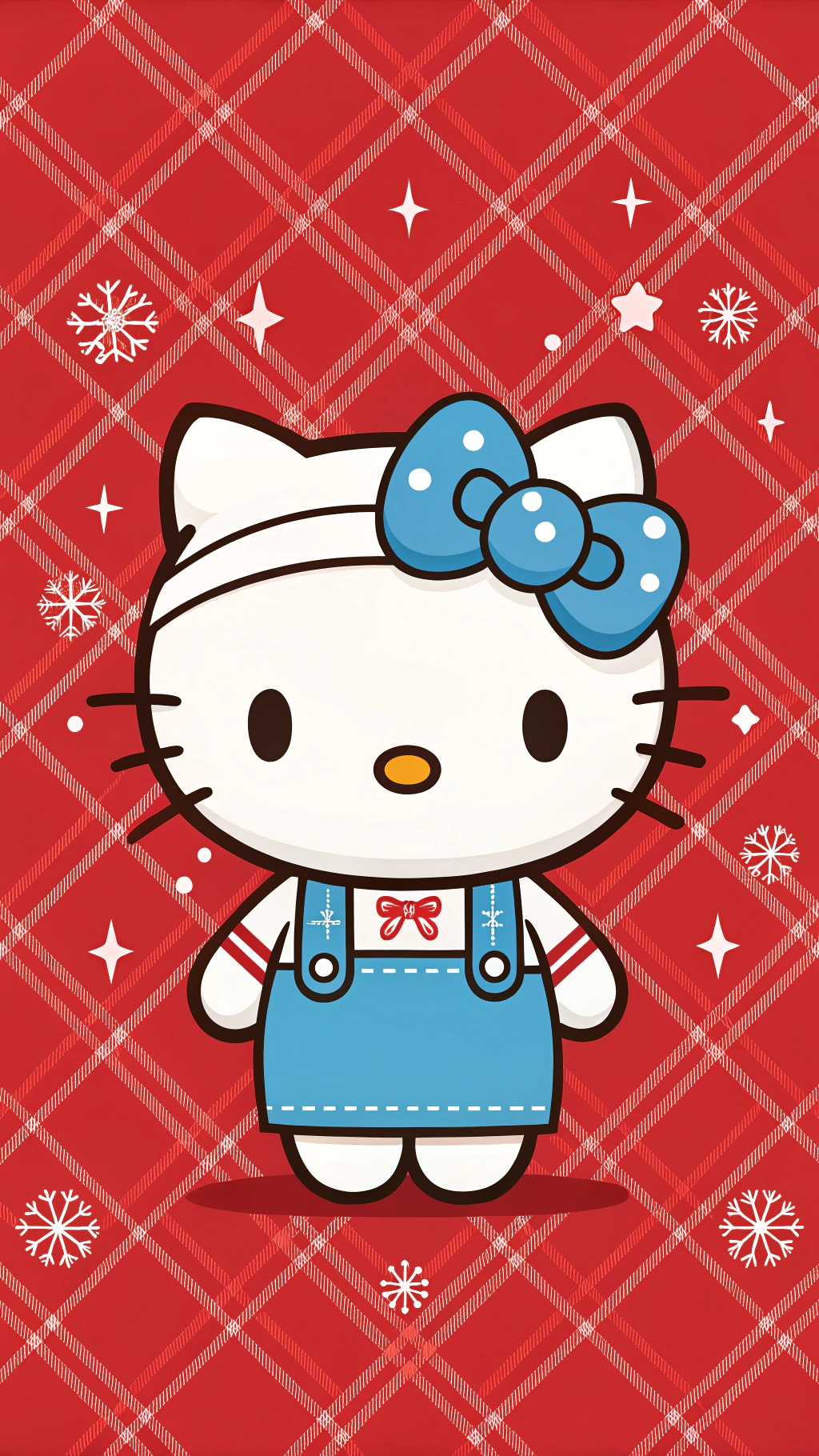 冬天 桌布 壁紙 — Hello Kitty 身穿藍色吊帶褲和蝴蝶結，站在紅色格子背景前，背景有雪花和星星。