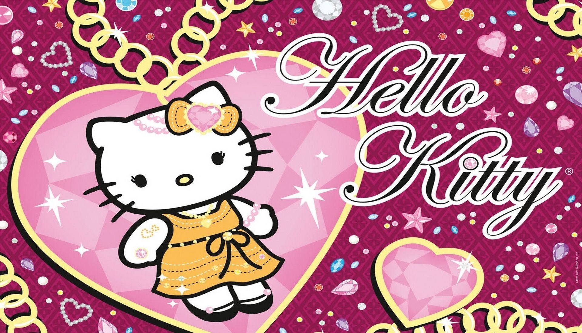 Hello 桌布 壁紙 — Hello Kitty 身穿金色連衣裙，站在一個閃閃發光的粉紅色心形內，背景是洋紅色，飾有珠寶和鏈條。