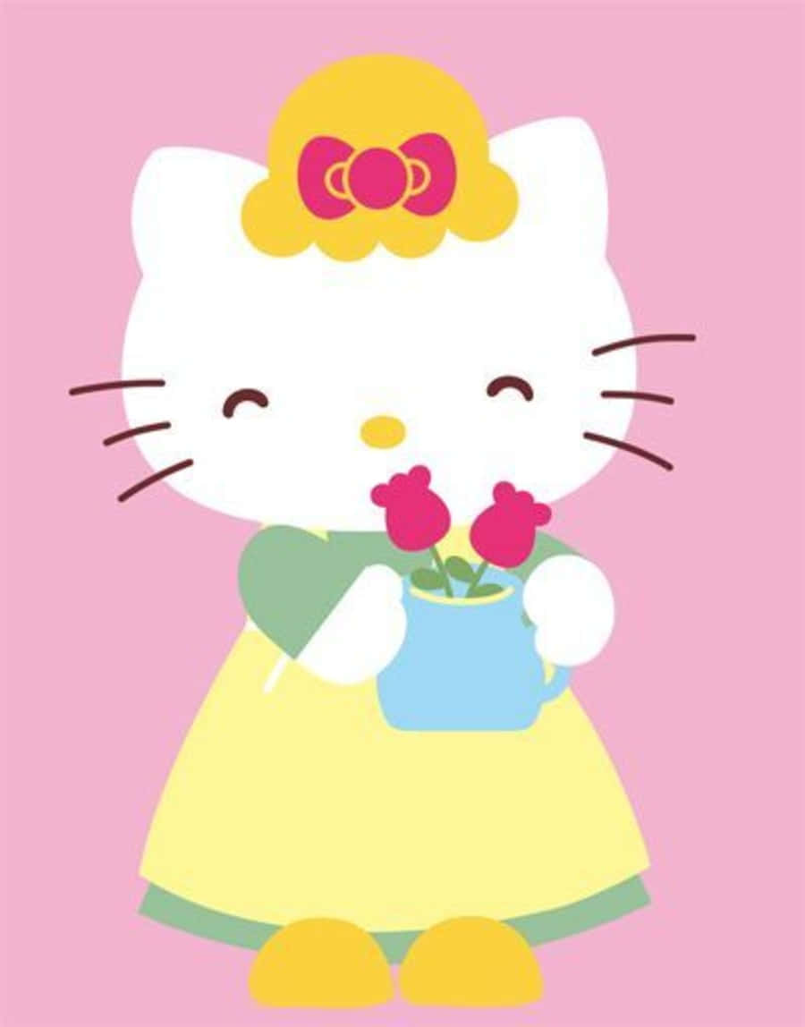 Mary White 桌布 壁紙 — Hello Kitty 身穿黃色連衣裙，在柔和的粉紅色背景前，手持一個插有粉紅色玫瑰的藍色花瓶。