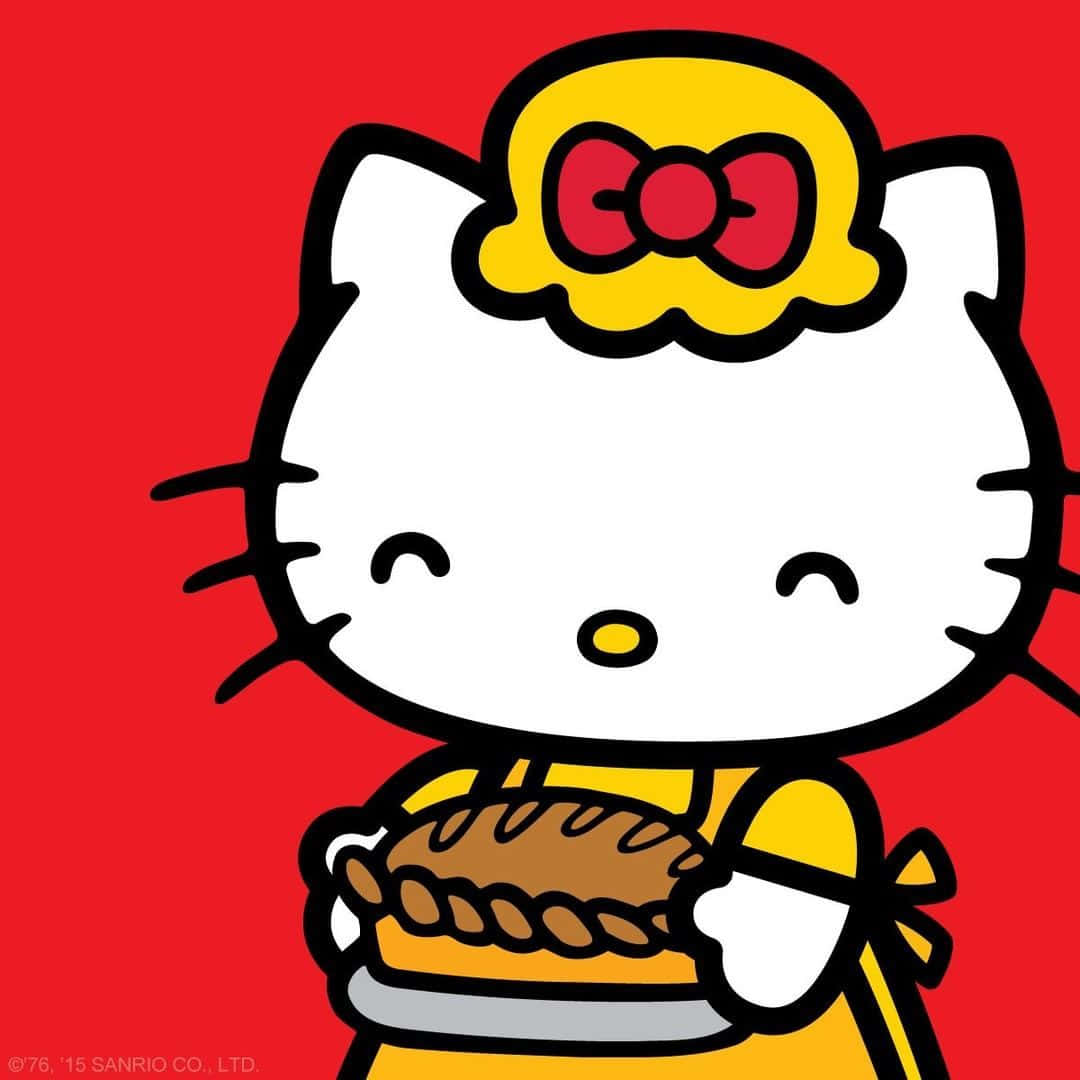 Mary White 桌布 壁紙 — Hello Kitty 身穿黃色連衣裙，在鮮紅色背景上拿著一個餡餅，帶有粗黑輪廓。