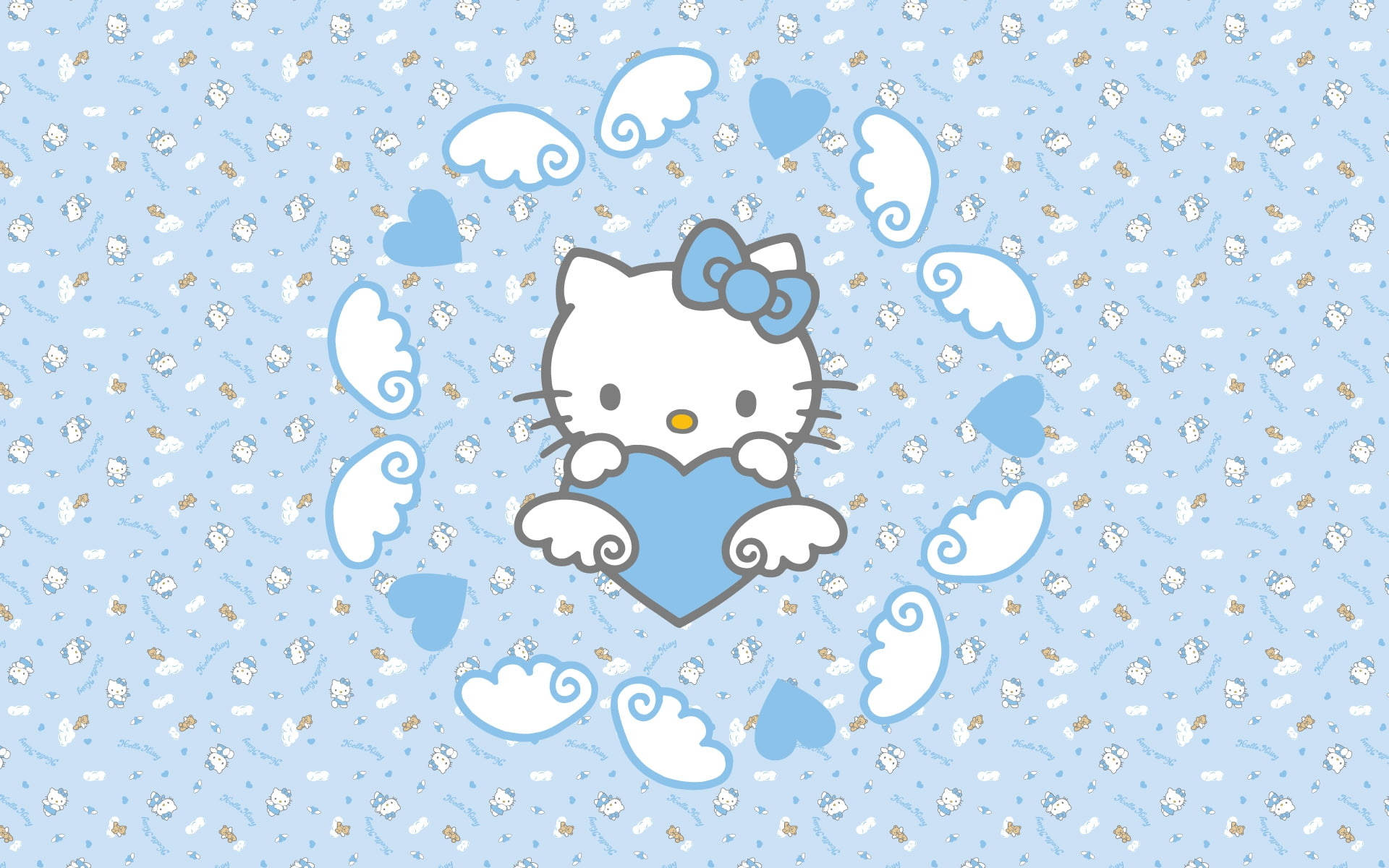 Hello 桌布 壁紙 — Hello Kitty 輕輕漂浮，手持一個藍色愛心，被雲朵和愛心環繞，背景是淺藍色圖案。