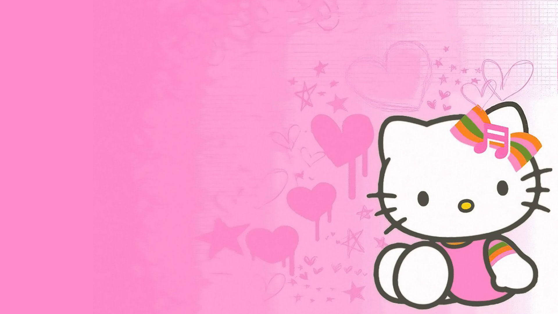 Hello Kitty 桌布 壁紙 — Hello Kitty 開心地坐在一個以愛心和星星裝飾的柔和粉紅色背景中。