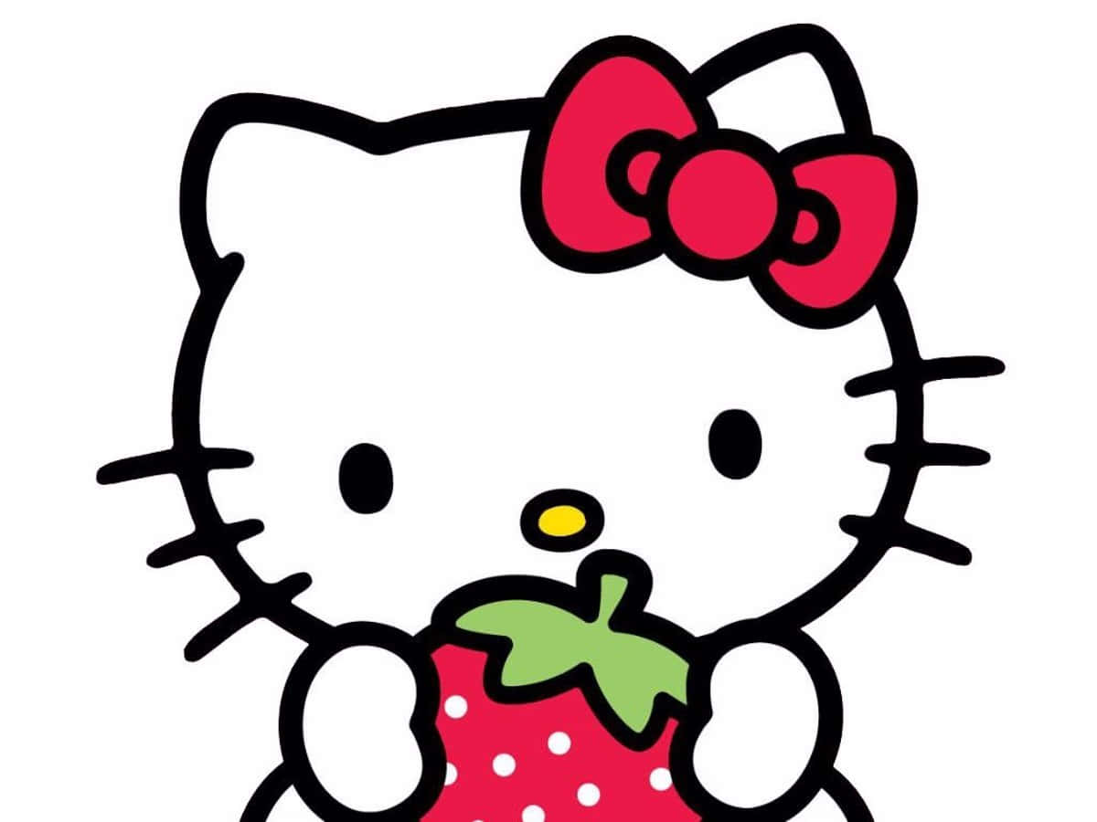 Hello Kitty 桌布 壁紙 — Hello Kitty 頭上戴著紅色蝴蝶結，拿著草莓，背景為白色。