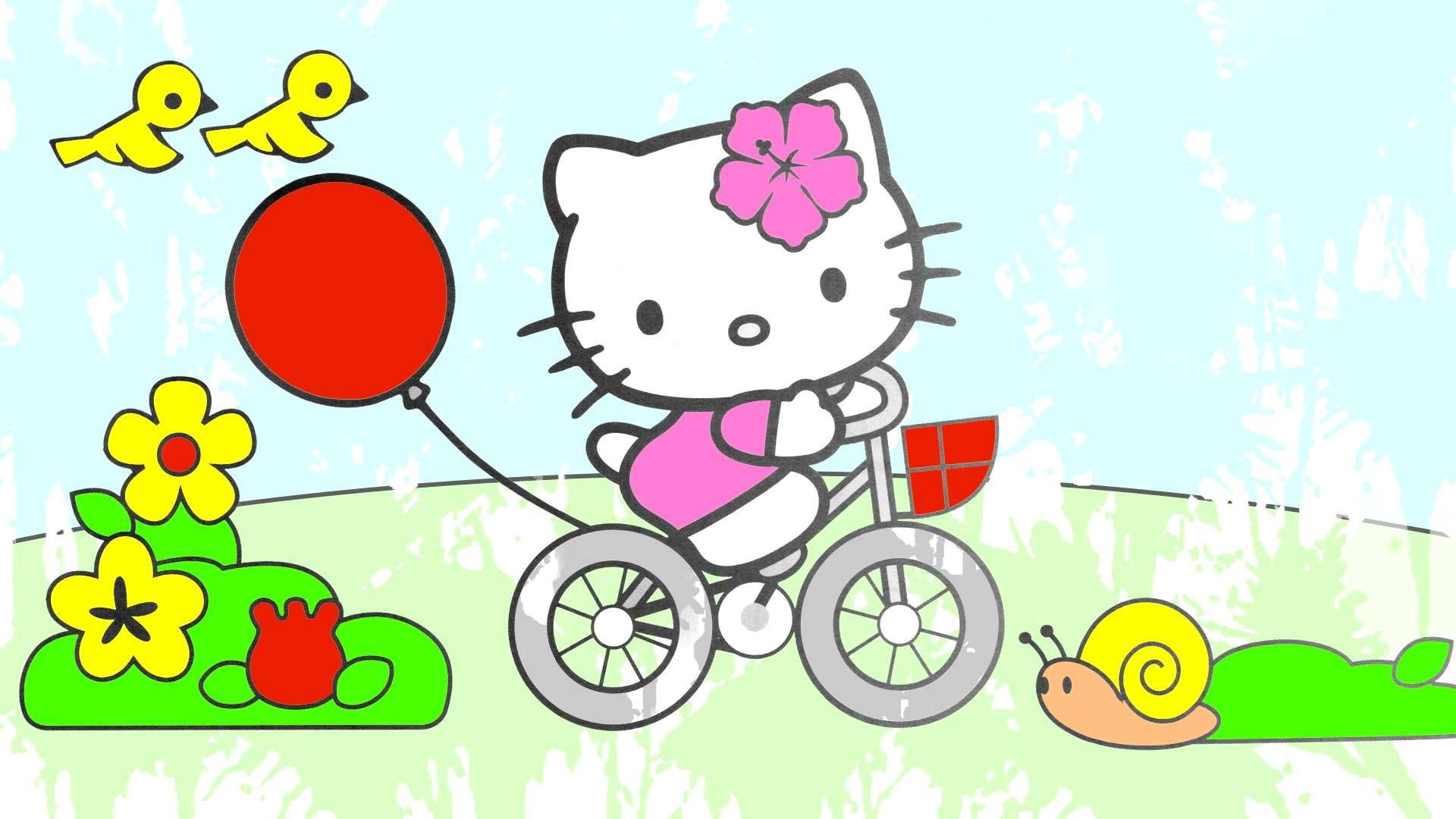 Hello 桌布 壁紙 — Hello Kitty 騎腳踏車，手持紅色氣球，穿過有黃色花朵和蝸牛的明亮春天草地。