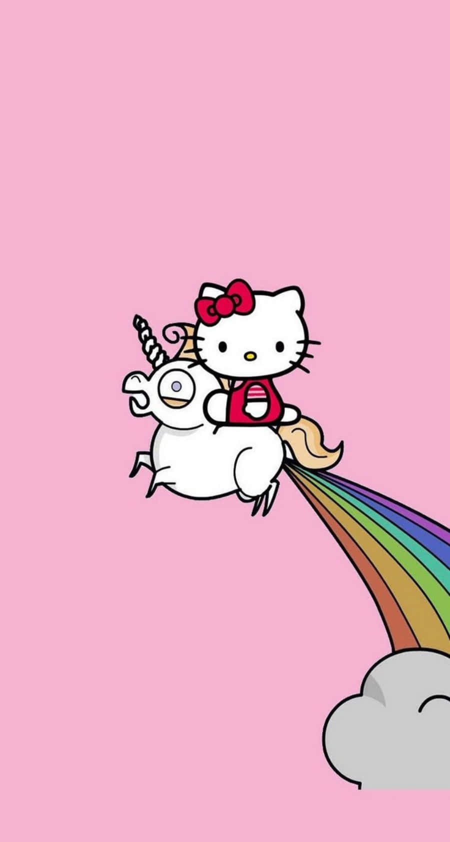 獨角獸 桌布 壁紙 — Hello Kitty 騎著微笑的獨角獸，在柔和的粉紅色天空中留下彩虹痕跡。