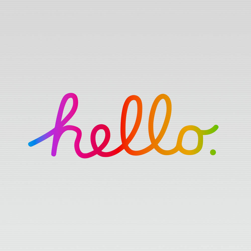 Greetings 桌布 壁紙 — 「hello」一詞以流暢的草書字體書寫，帶有鮮豔的彩虹漸變，背景是淺灰色的紋理。