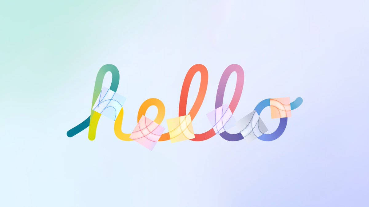 彩虹 桌布 壁紙 — 「hello」一詞以鮮豔的彩虹色絲帶字母呈現，半透明幾何形狀疊加在柔和的漸變背景上。