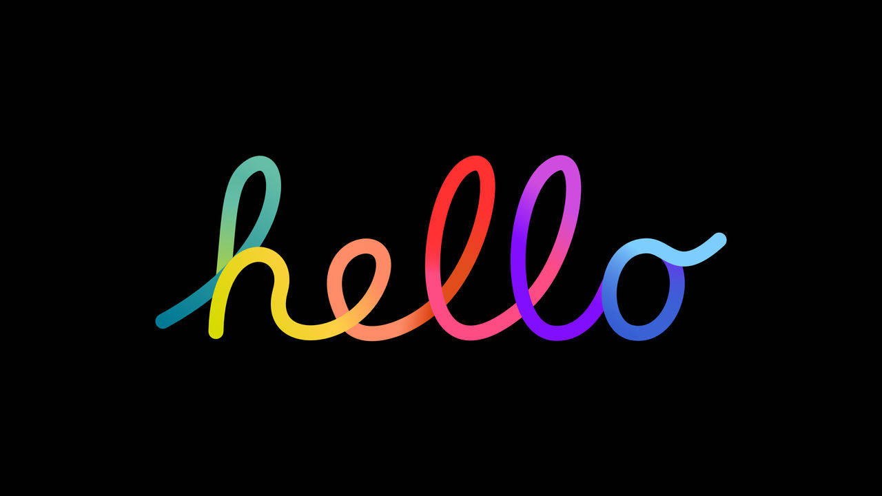 彩色動圖 桌布 壁紙 — 「hello」一詞在純黑色背景上以鮮豔的彩虹漸層發光。