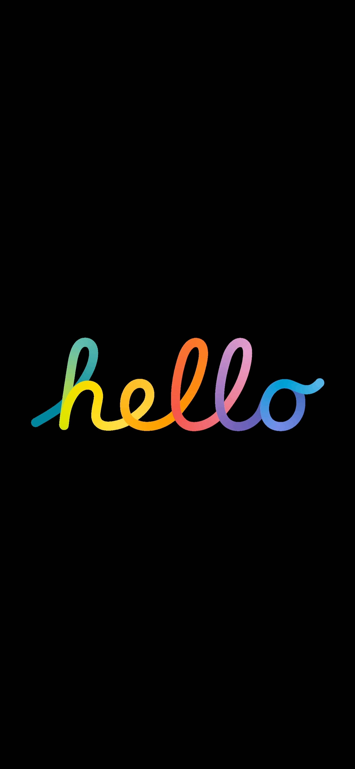 Hello 桌布 壁紙 — 「hello」一詞在純黑色背景上以鮮豔的彩虹漸層發光。