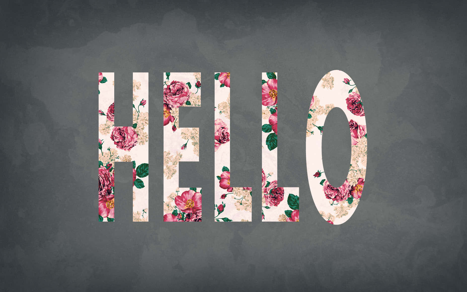 Hello 桌布 壁紙 — 「hello」這個字是由粉紅色玫瑰和綠色葉子的花卉圖案組成，背景是有紋理的灰色。
