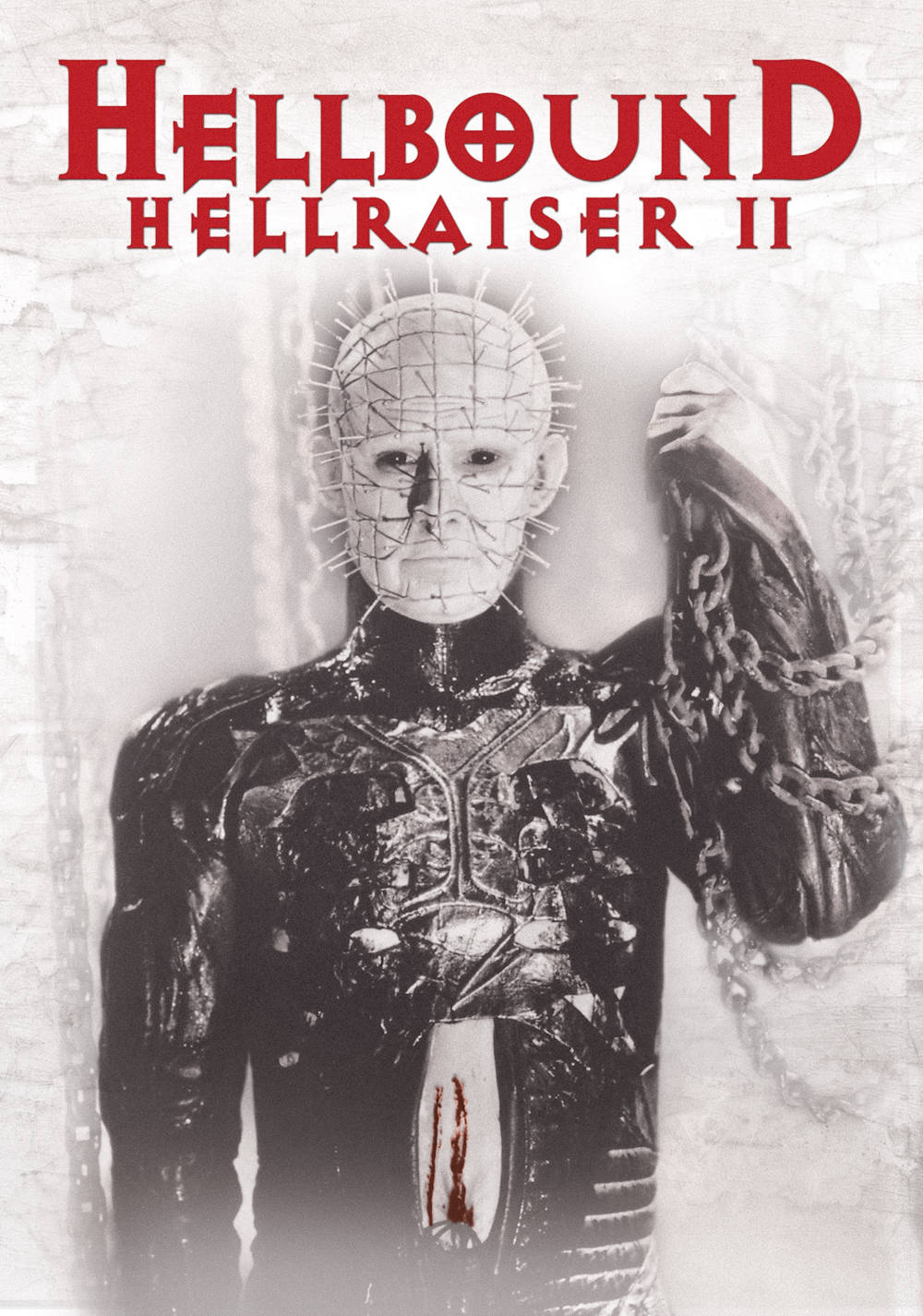 地獄怪客 桌布 壁紙 — 《Hellraiser II》中的針頭以黑白形象威嚇地站立，上方有紅色標題文字。