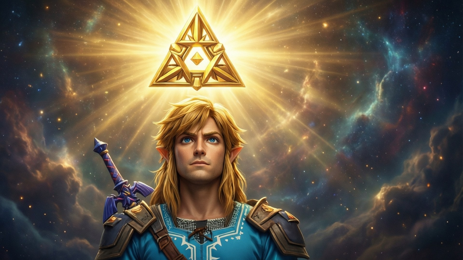 Triforce of Courage 壁紙 — 一位英勇的精靈，金髮藍眼，站在宇宙星雲中，手持一把劍，劍上方的金色三角力量標誌閃耀著光芒。
