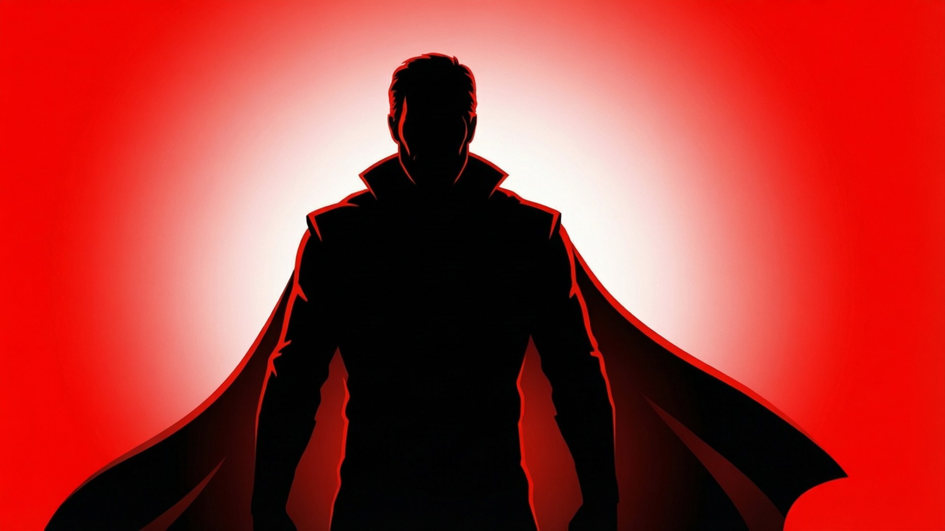 Homelander Minimalist 壁紙 — 一個穿著飄逸斗篷的男人的英雄剪影，站在光芒四射的紅色漸變背景前。