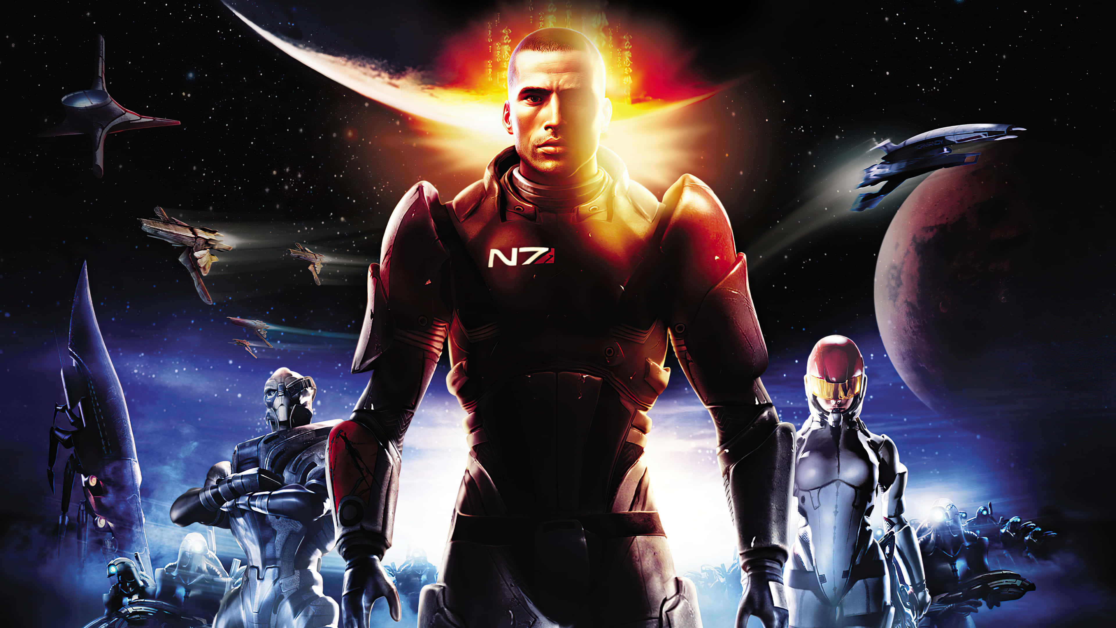 Mass Effect Legendary Edition 桌布 壁紙 — 一位身穿紅色盔甲的英勇太空士兵，在發光行星和未來飛船的宇宙背景下傲然挺立。