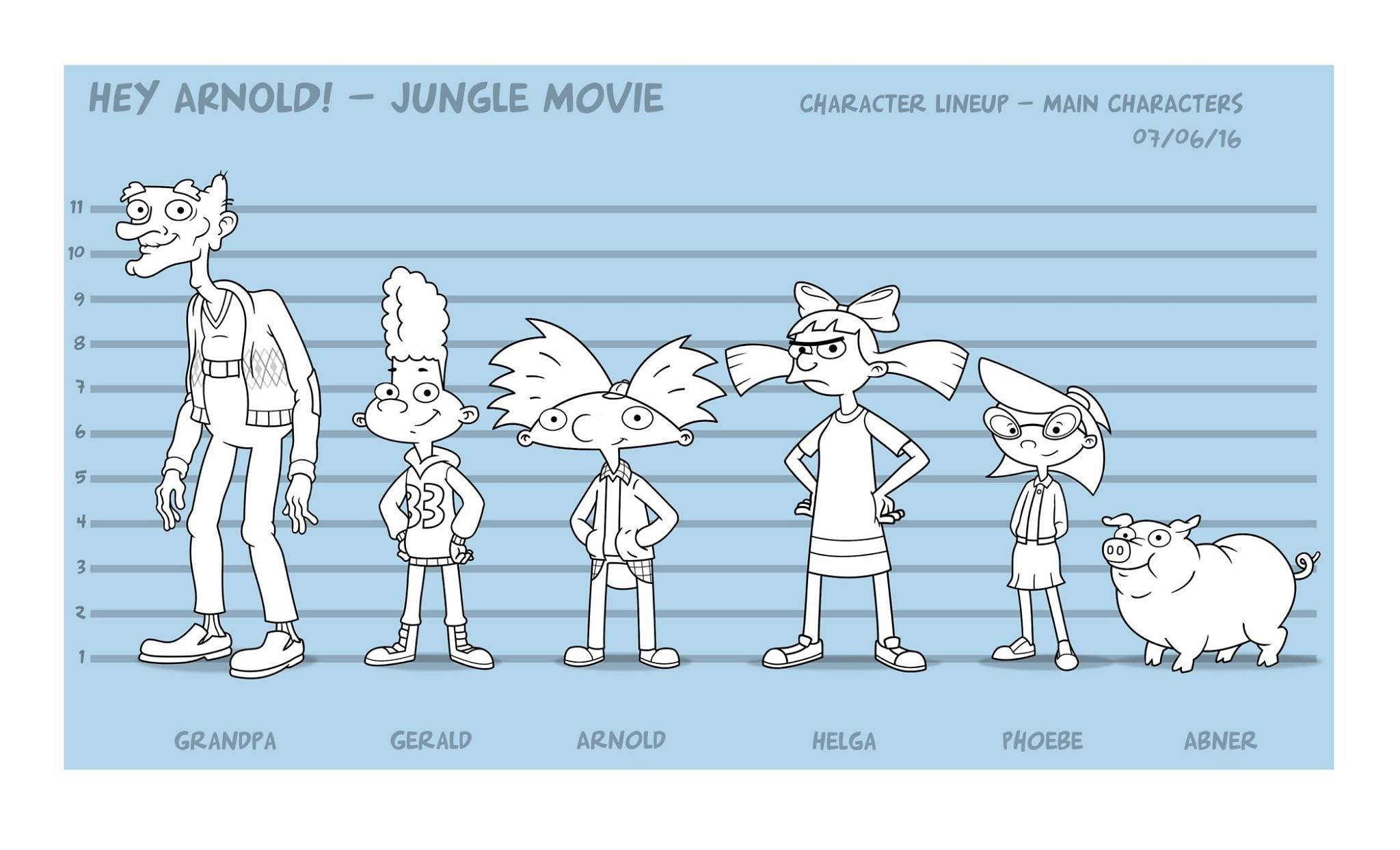 hey 桌布 壁紙 — Hey Arnold! 主要角色以黑白卡通風格排列在淺藍色身高圖背景前。