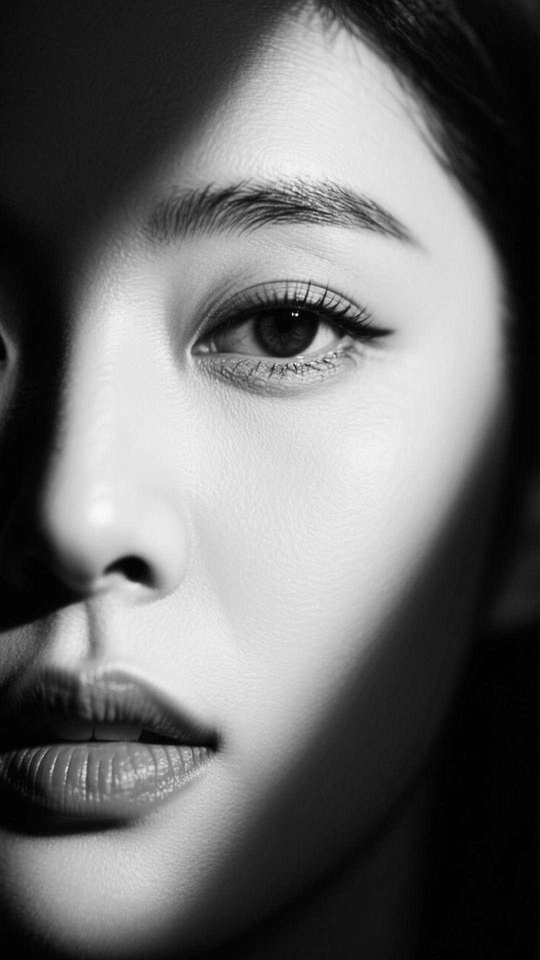 Monochrome Gaze Taeyeon 壁紙 — 女性臉部的高對比黑白特寫，戲劇性的燈光突出了她的眼睛和嘴唇。