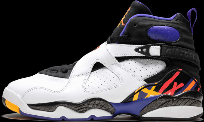 一雙白色、黑色、紫色和橙色的Jordan運動鞋，背景為黑色。 — Air Jordan 壁紙
