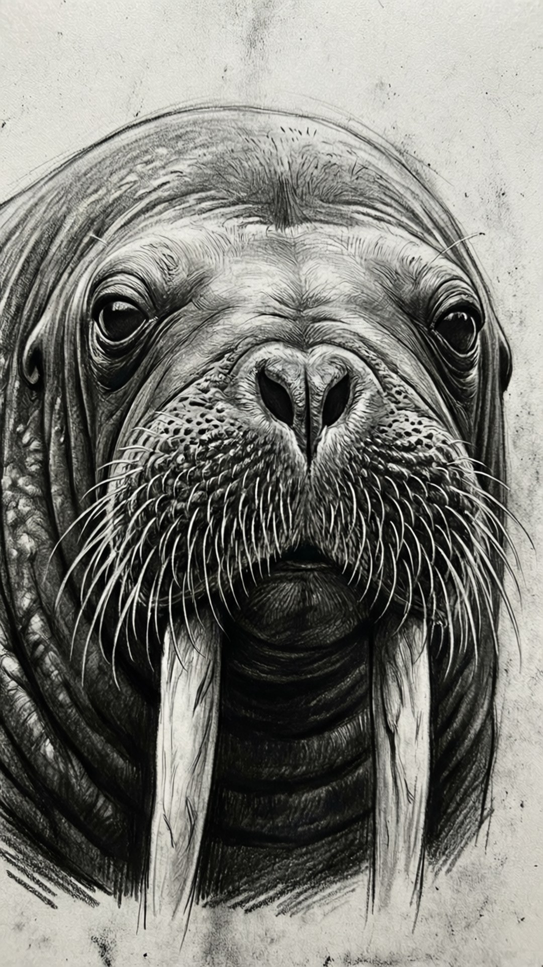 walrus 桌布 壁紙 — 一幅極度細緻的鉛筆素描，描繪海象的臉部，有突出的長牙和富有表現力的眼睛，背景是帶有紋理的紙張。
