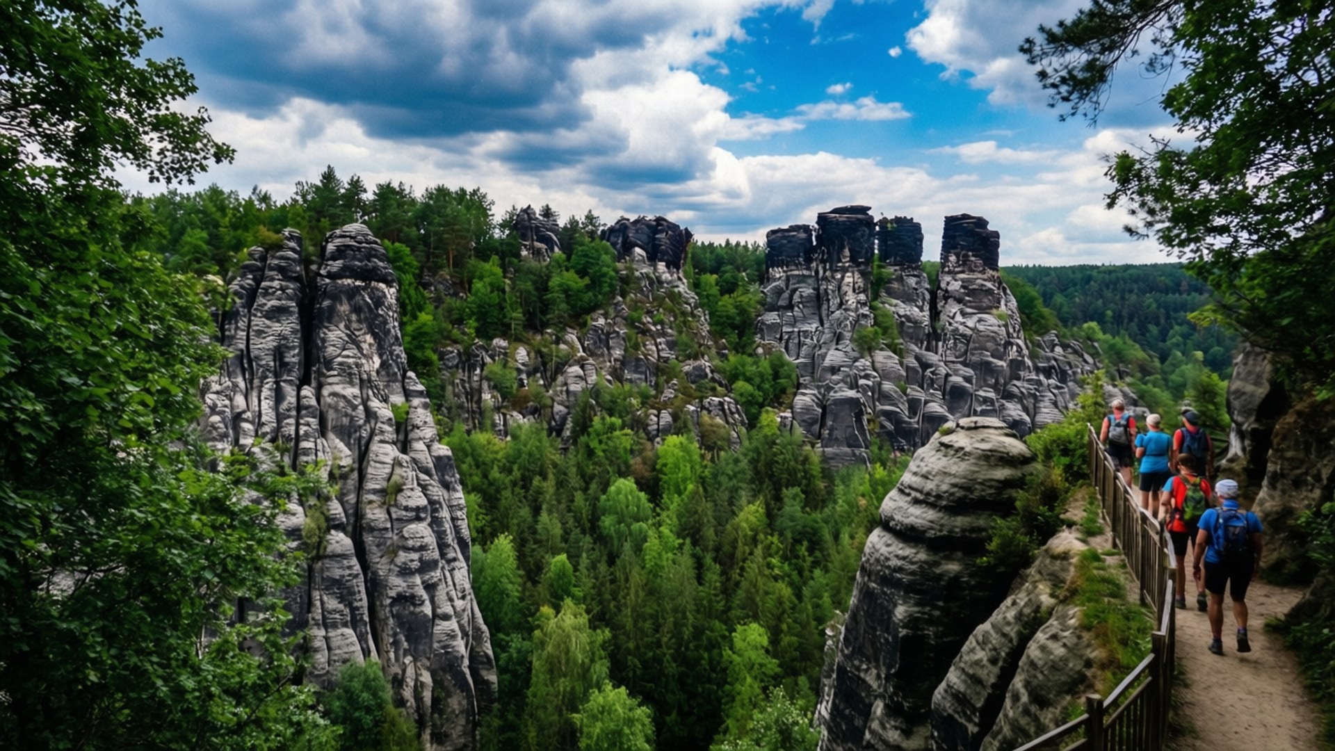 Prachov Rocks Hiking 壁紙 — 遠足者沿著木棧道行走，旁邊是高聳的灰色岩石 formations，周圍是茂密的綠色森林，上方是戲劇性的藍天和蓬鬆的白雲。