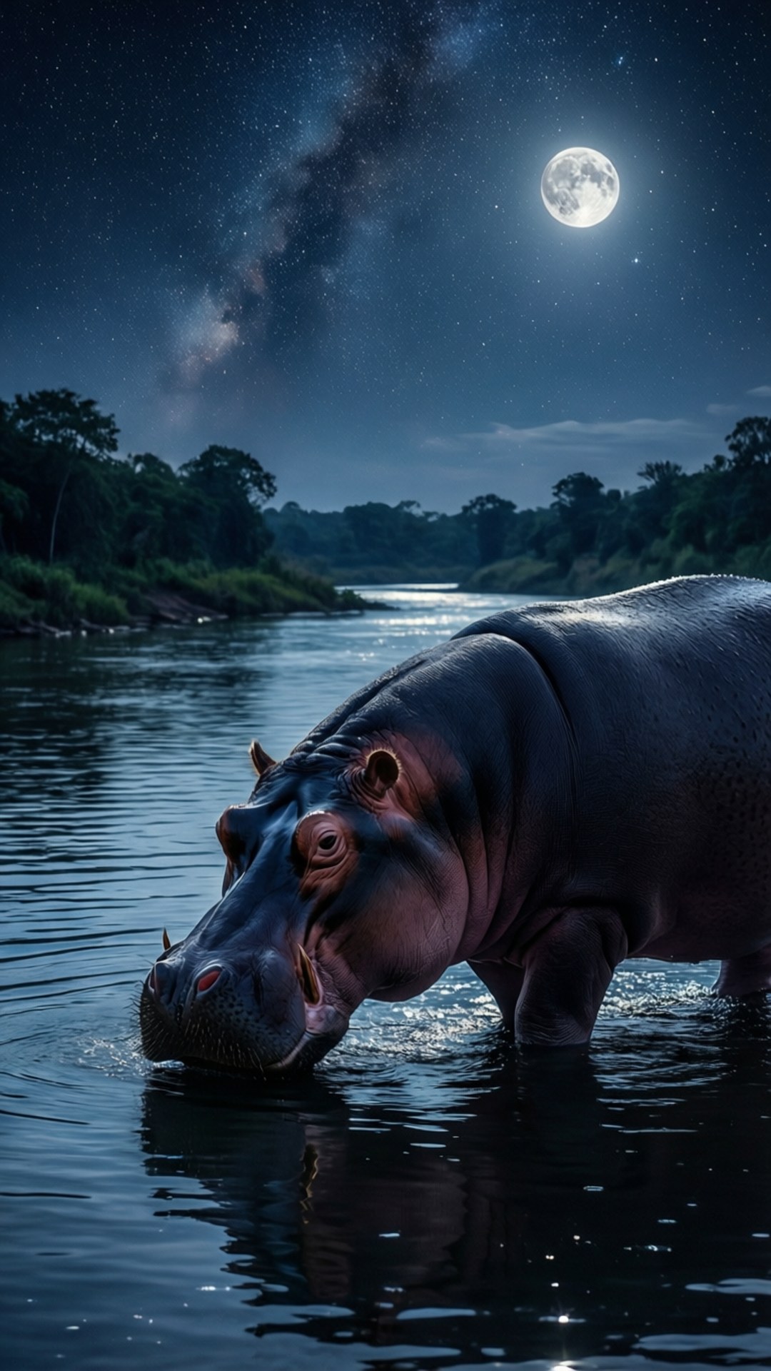 Starry Night Hippo 壁紙 — 一隻河馬站在河中，上方是滿月和銀河的星空夜空。