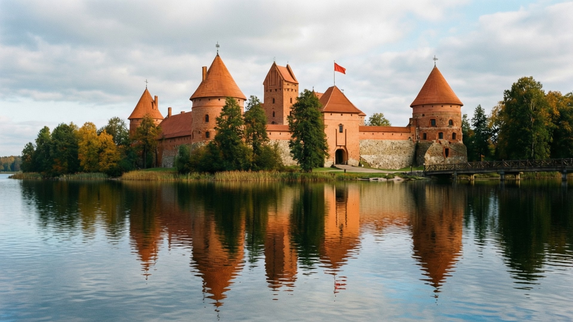 Trakai Castle Autumn 壁紙 — 一座歷史悠久的紅磚城堡，帶有圓錐形塔樓，矗立在湖岸邊，倒影映在平靜的水面上，周圍環繞著秋樹。