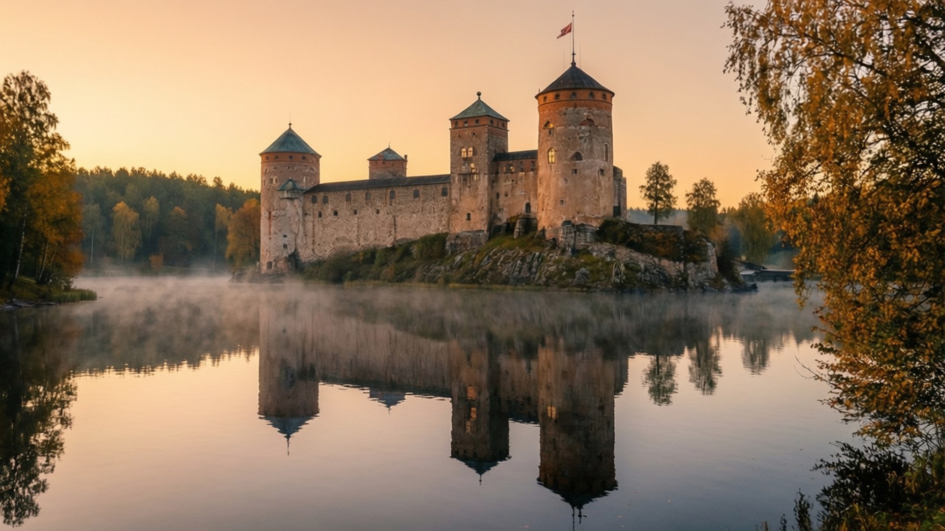 Olavinlinna Castle Sunrise 壁紙 — 一座歷史悠久的石城堡帶有塔樓，在黎明時分矗立在霧氣瀰漫的湖岸上，其倒影完美地映照在平靜的水面上，周圍環繞著秋樹。