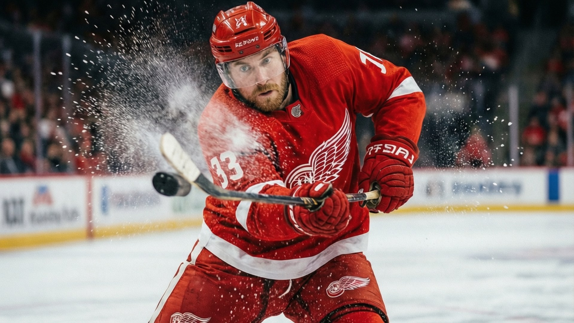 Slapshot Action 壁紙 — 一名身穿紅色球衣、背號33的冰球運動員用球桿劃過冰面，濺起冰屑，動感十足的球場鏡頭。
