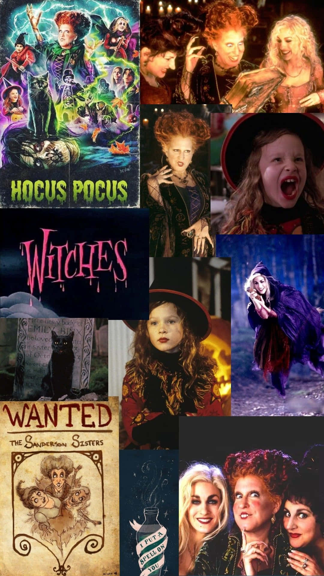  壁紙 — 《Hocus Pocus》場景拼貼，桑德森姊妹穿著女巫服裝，帶有魔法效果和恐怖道具。