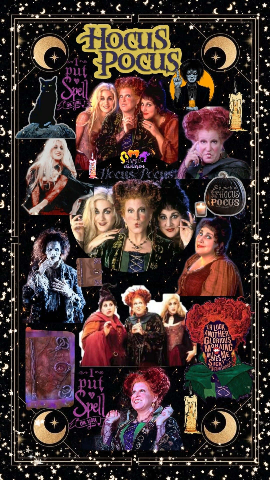  壁紙 — 一幅充滿活力的拼貼畫，描繪了《Hocus Pocus》女巫被萬聖節主題道具和魔法符號環繞，背景是星空。