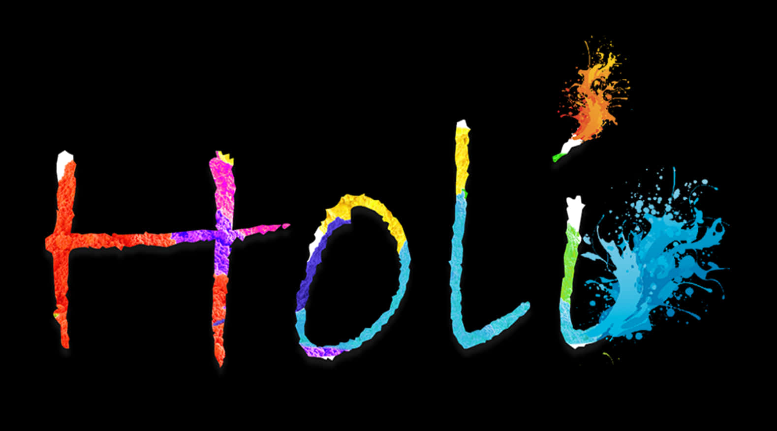 節日 桌布 壁紙 — 「Holi」這個字在黑色背景上濺滿了鮮豔的彩虹色。