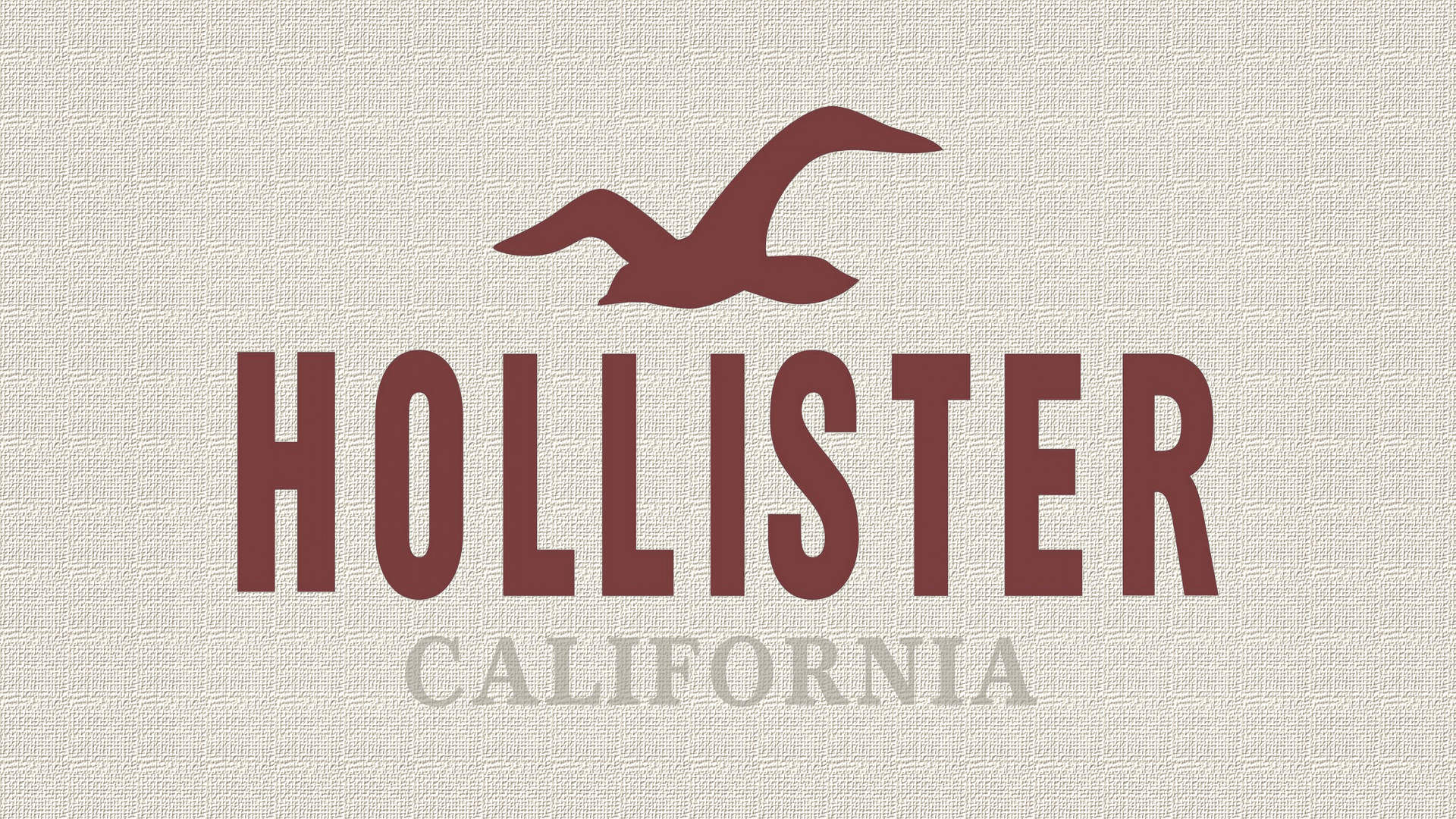 Hollister 桌布 壁紙 — Hollister California 標誌，在紋理米色背景上，粗體文字上方有一隻酒紅色海鷗。