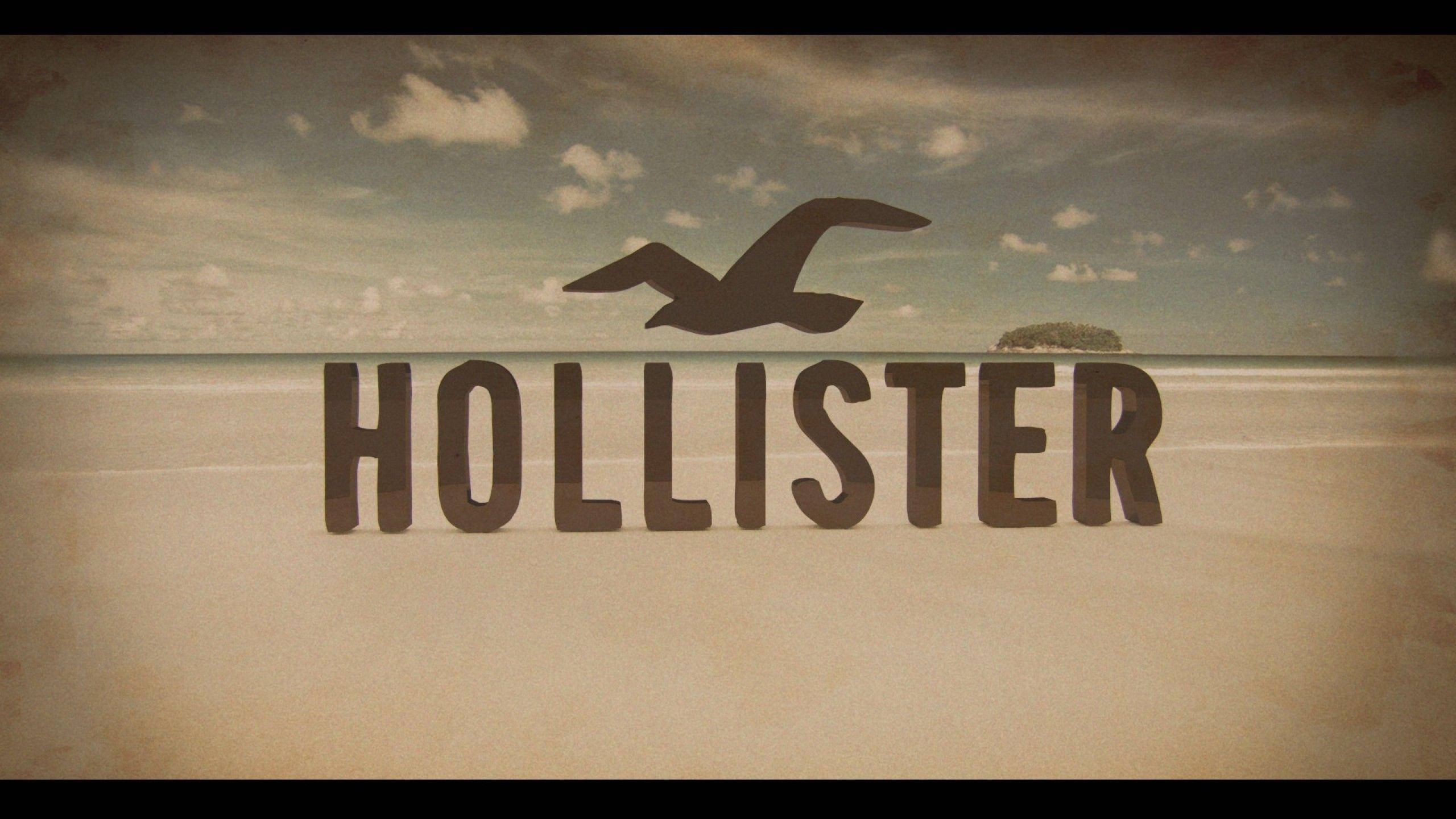 Hollister 桌布 壁紙 — 「Hollister」一字立於沙灘上，海鷗在上空飛翔，遠方島嶼在陰天之下。