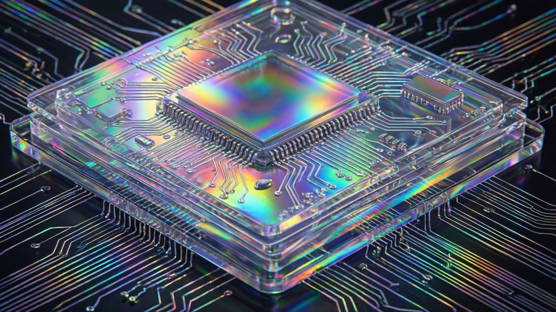 Holographic Circuit 壁紙 — 一個帶有彩虹虹彩的全息微晶片位於透明電路板上，帶有發光的金屬痕跡。