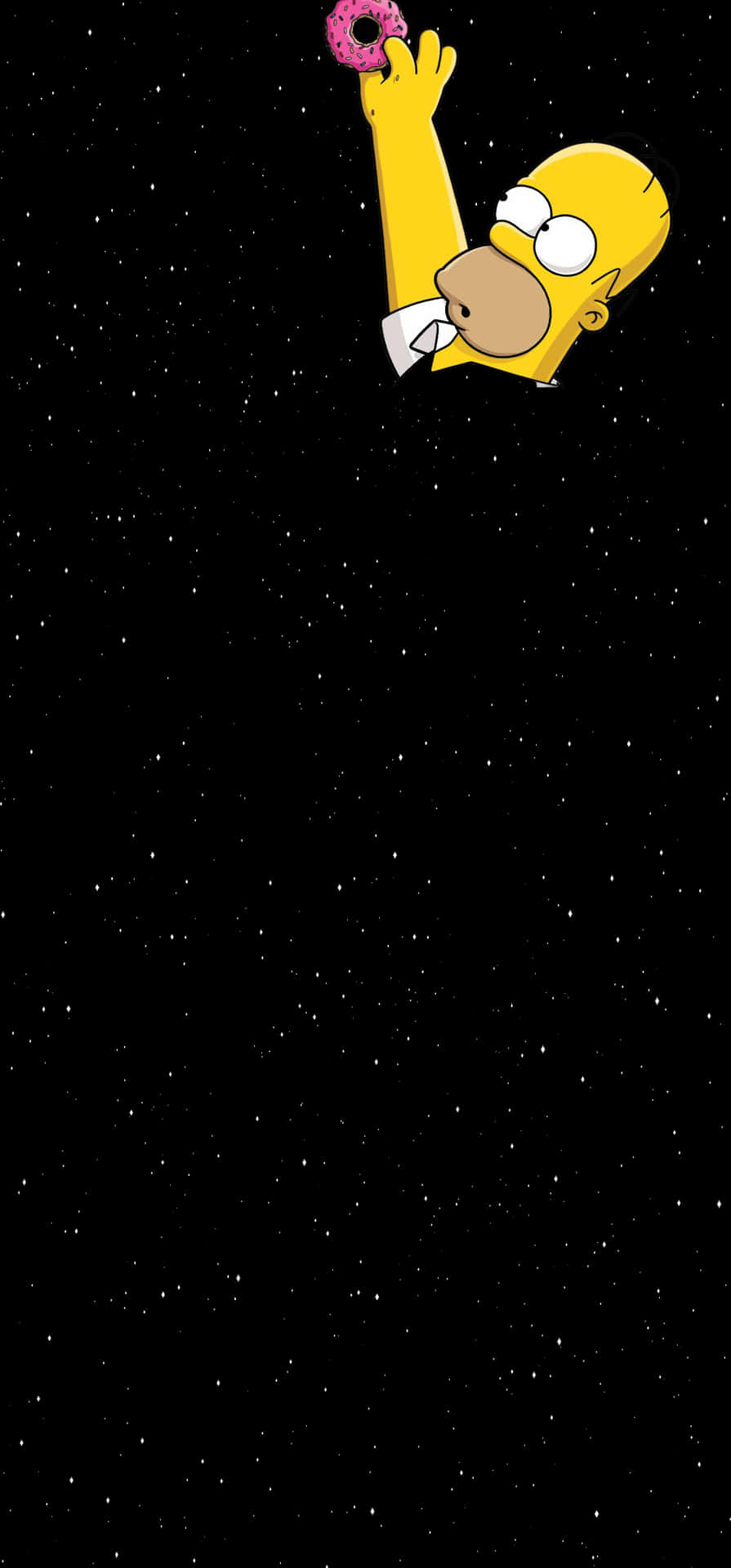  壁紙 — 荷馬·辛普森在星空黑色背景中漂浮於太空，伸手去拿一個粉紅色糖霜甜甜圈。