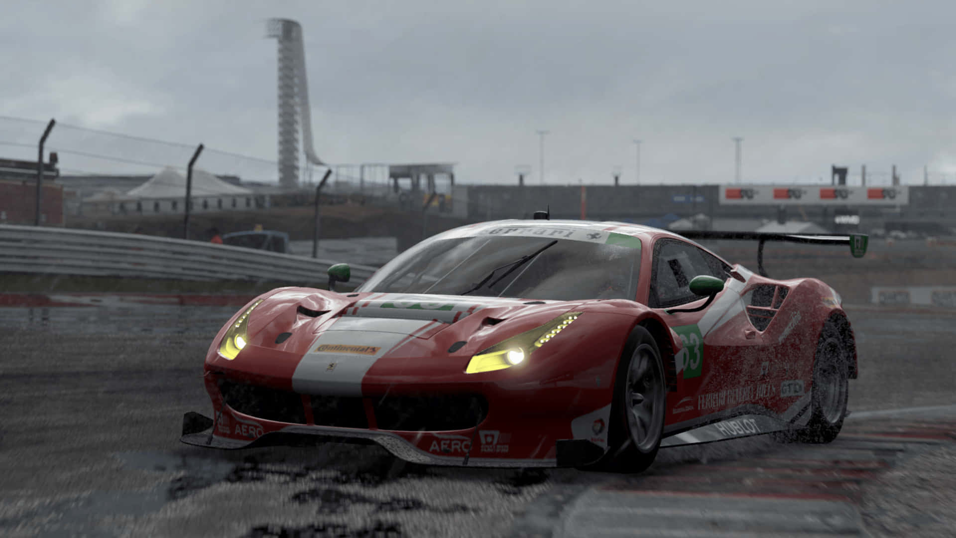 紅色法拉利賽車在潮濕賽道上雨中疾馳。 — Project Cars 2 壁紙