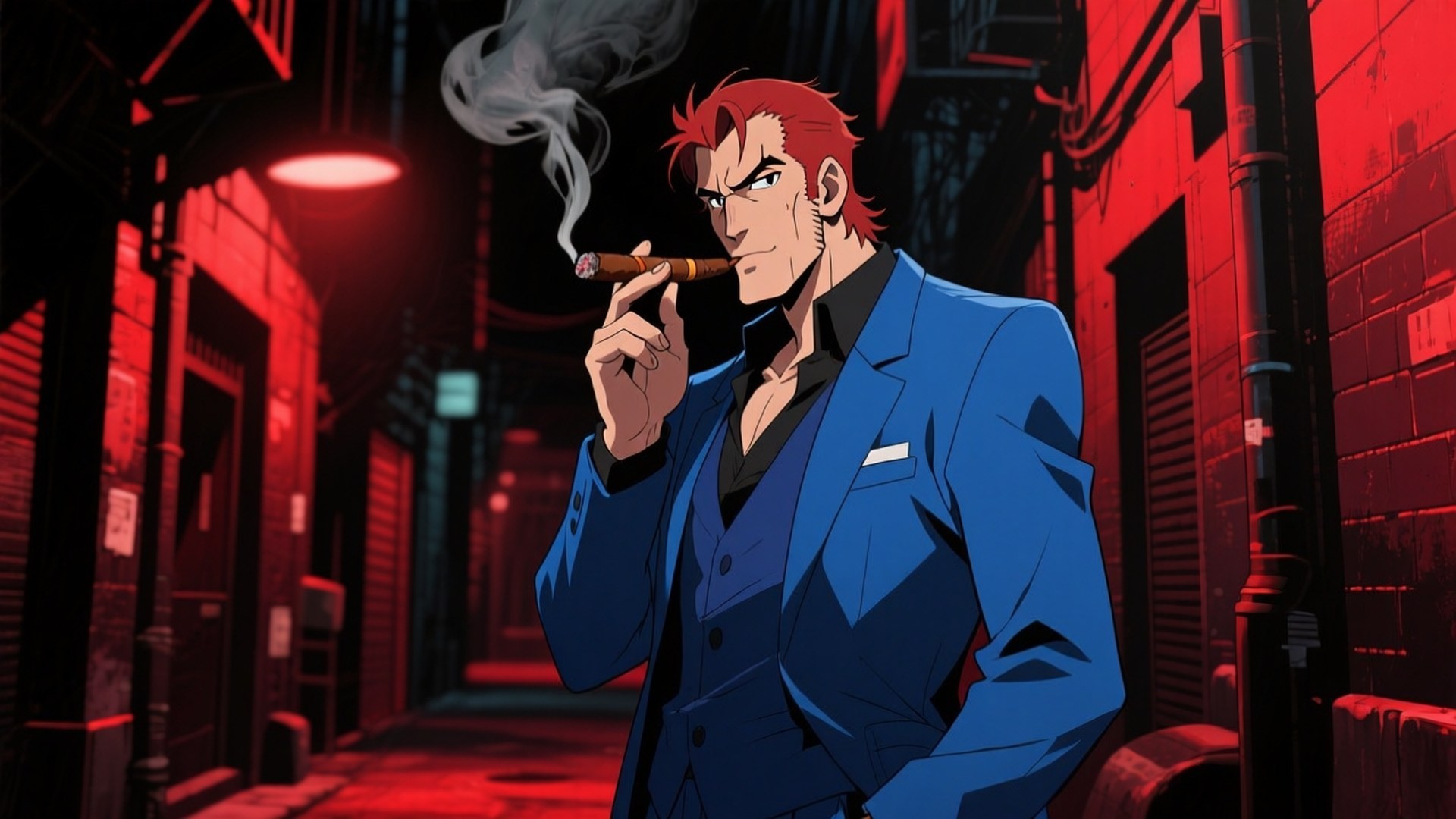 Smoking in the Shadows 壁紙 — 一個紅髮動漫男子穿著藍色西裝，在狹窄的小巷中抽雪茄，小巷被紅色霓虹燈照亮。
