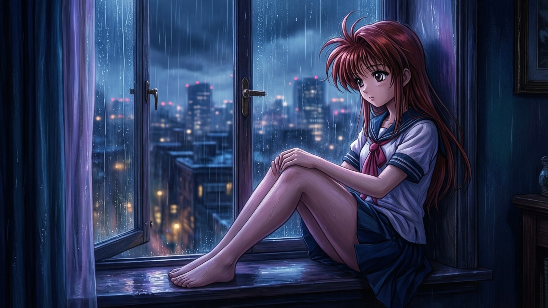 Rainy Night Dream 壁紙 — 一個紅髮動漫女孩穿著校服，赤腳坐在被雨水打濕的窗台上，透過濕玻璃凝視著閃爍的城市景觀。
