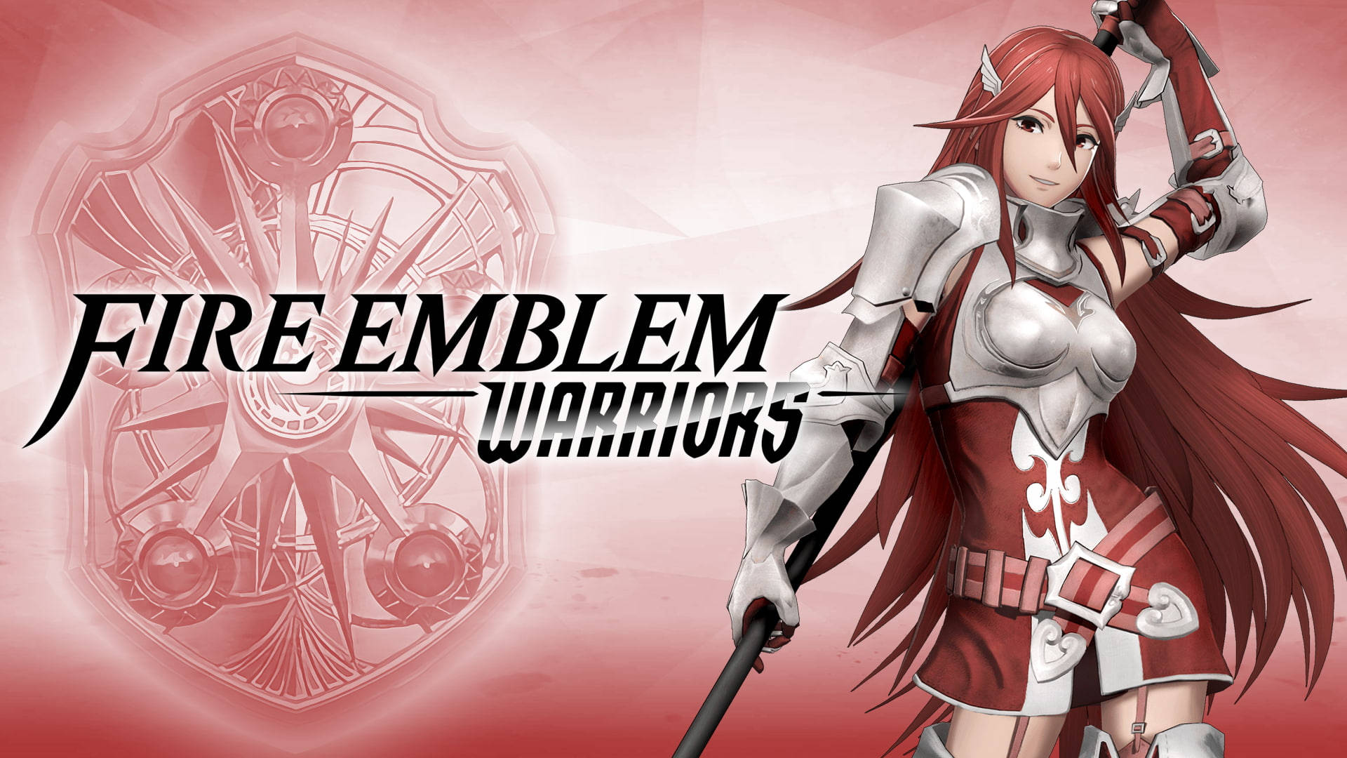 身穿紅銀盔甲的動漫戰士手持長矛，帶有 Fire Emblem Warriors 標誌。 — Fire Emblem Warriors 壁紙