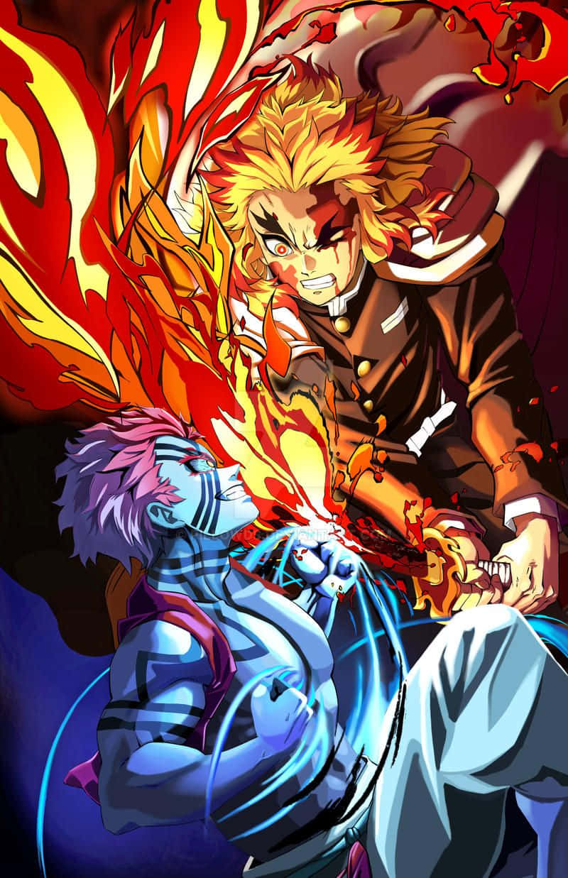 兩個動漫角色在戲劇性的戰鬥場景中用火焰和藍色能量戰鬥。 — Fire Emblem Warriors 壁紙