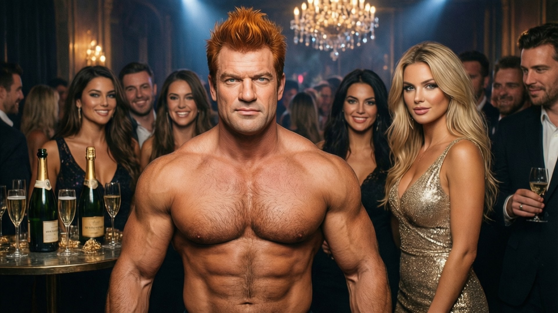 Johnny Bravo Party King 壁紙 — 一位紅髮肌肉男站在華麗派對的中心，周圍是微笑的賓客和香檳杯，頭頂是水晶吊燈。
