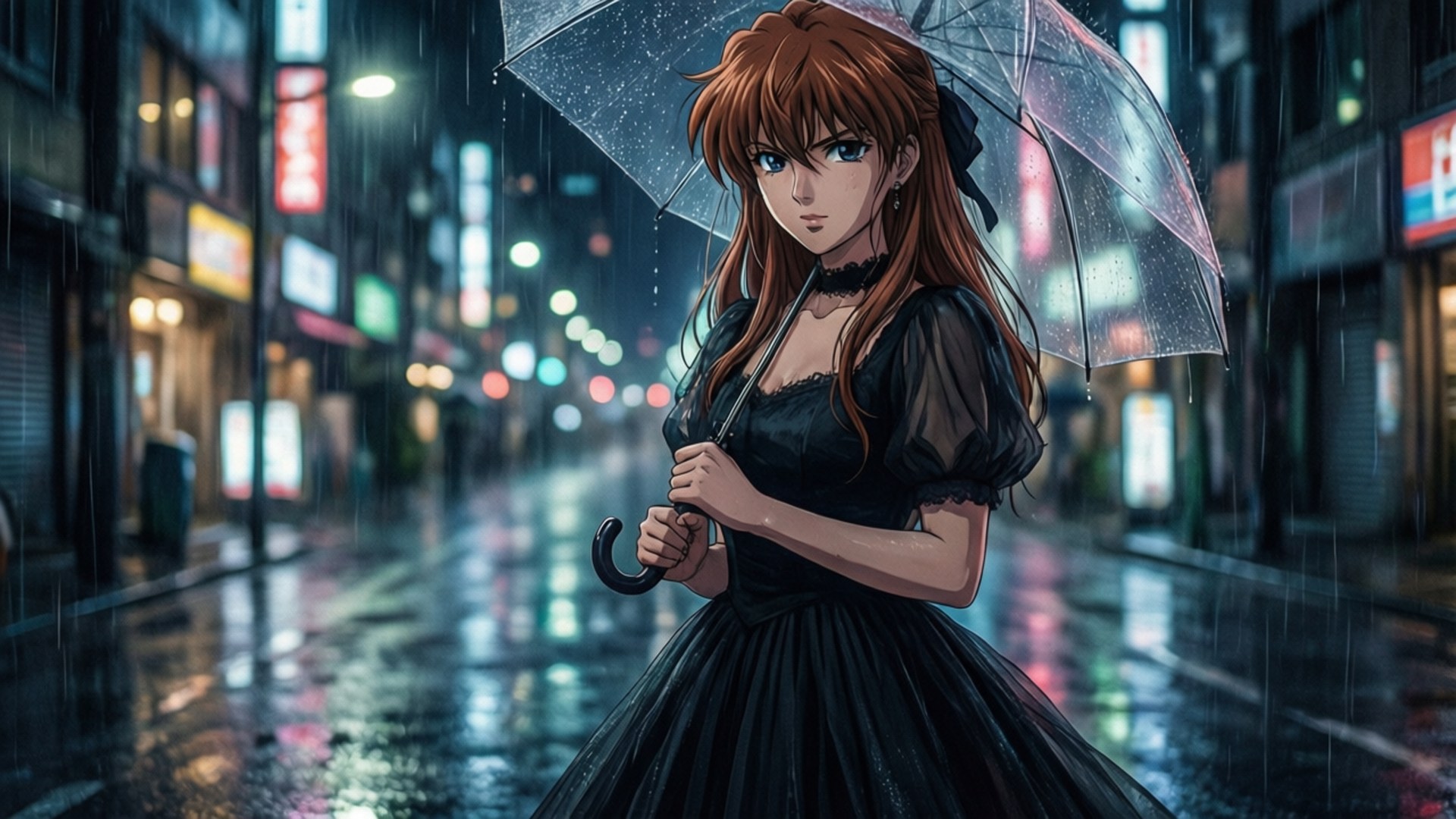 Mami Rainy Night 壁紙 — 一位紅髮年輕女子在夜晚站在被雨淋濕的霓虹燈城市街道上，手持透明雨傘。