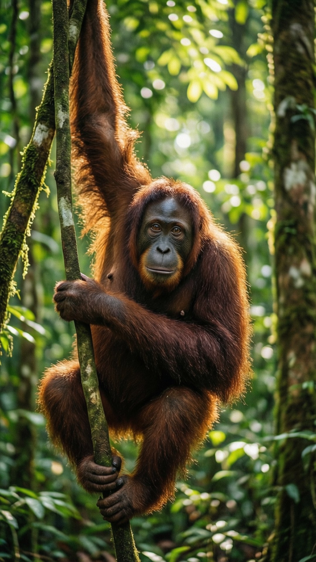 Borneo Orangutan Portrait 壁紙 — 一隻紅褐色毛髮的猩猩抓住長滿苔蘚的樹幹，身處陽光斑駁的熱帶雨林中。