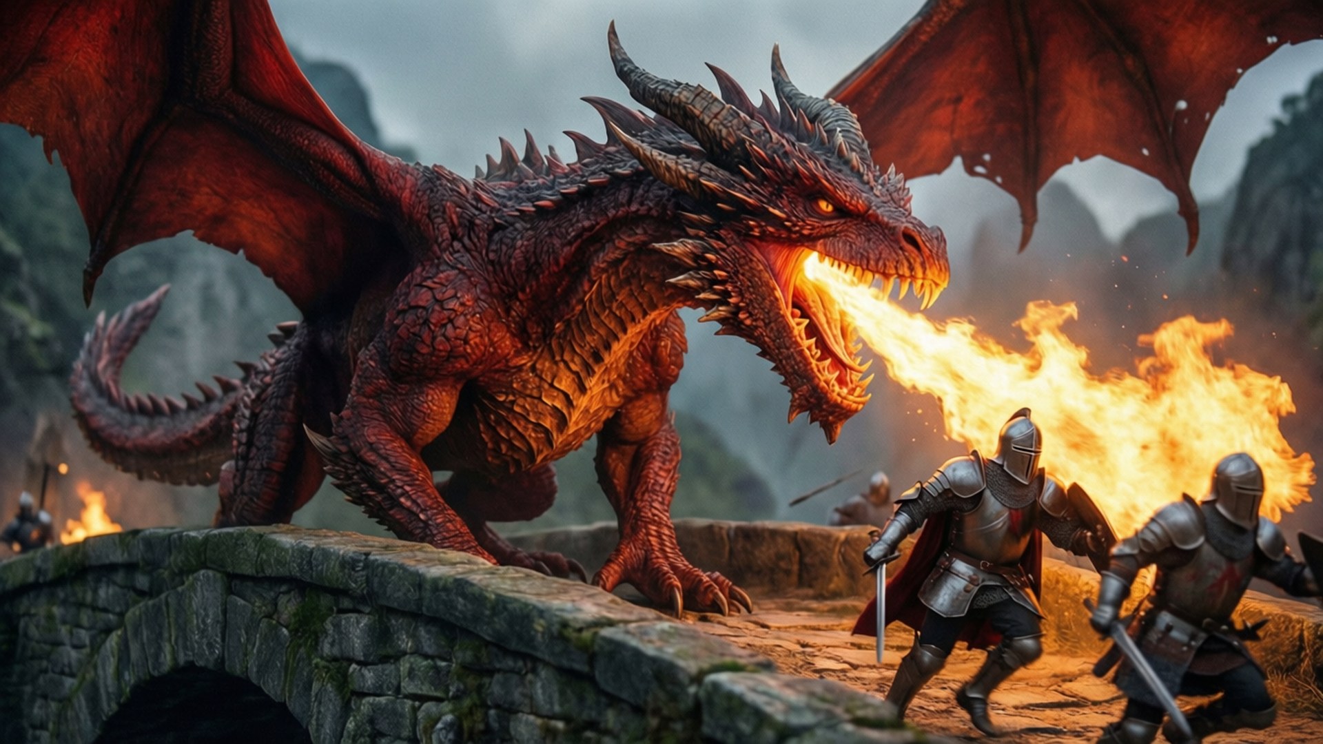 Red Dragon Attack on Bridge 壁紙 — 一條巨大的紅龍向身穿盔甲的騎士噴火，他們正逃過霧氣瀰漫的山谷中的一座石橋。