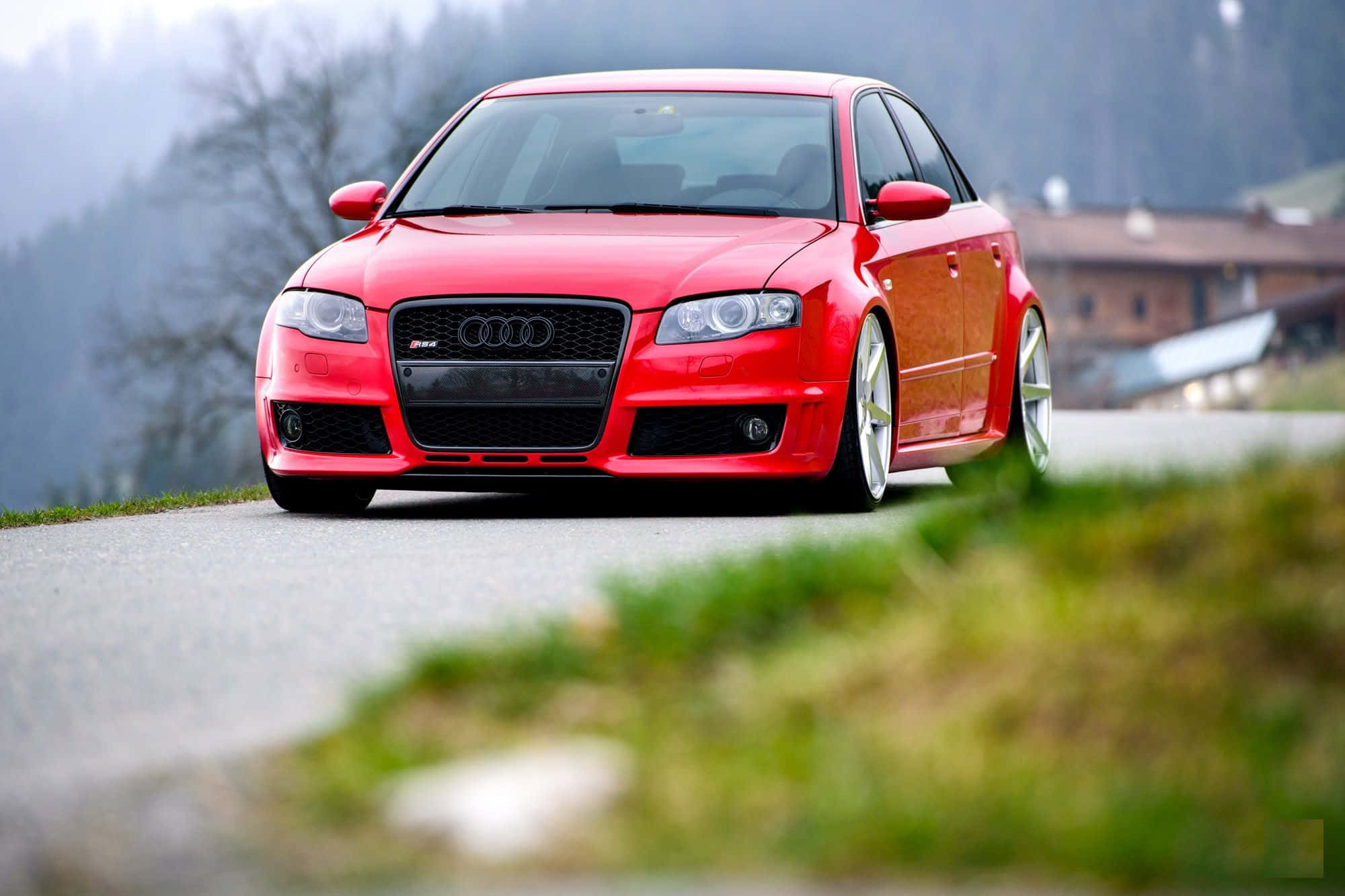 Audi Rs5 桌布 壁紙 — 一輛鮮紅色的奧迪RS4轎車停泊在蜿蜒的山路上，背景有模糊的綠意和遠處的房屋，在柔和日光下。