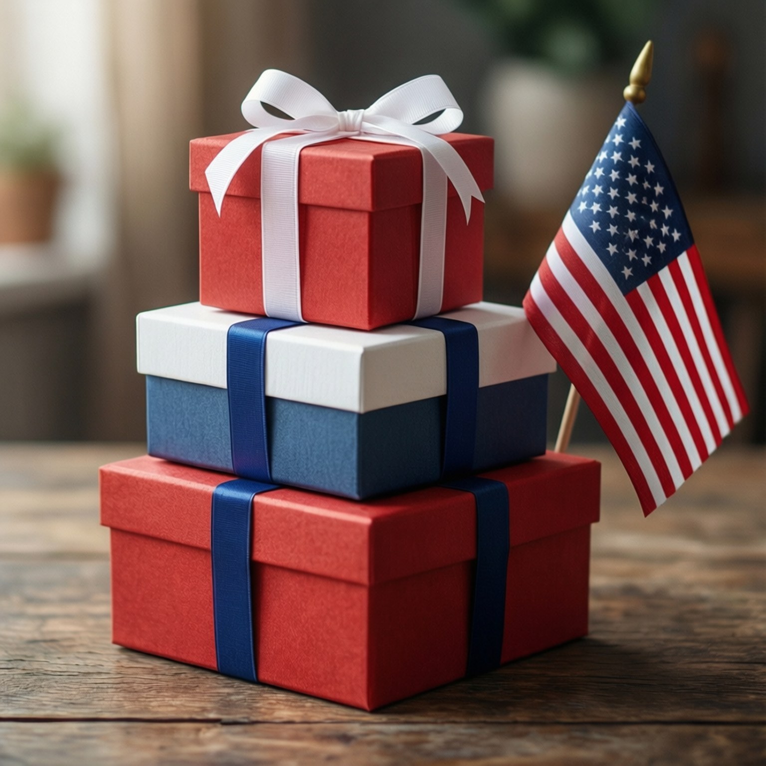 Patriotic Presents 壁紙 — 紅色、白色和藍色的禮物盒堆疊在一起，帶有絲帶和美國國旗，放在木桌上。